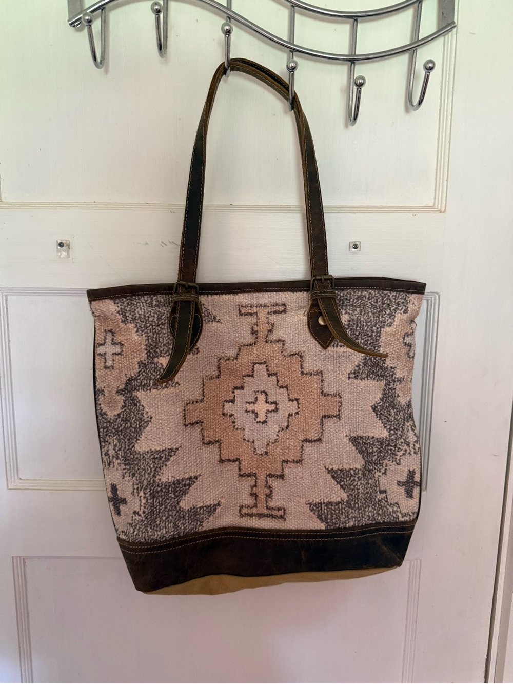 Myra Bag Brown & Cream Aztec Leather Woven Tote